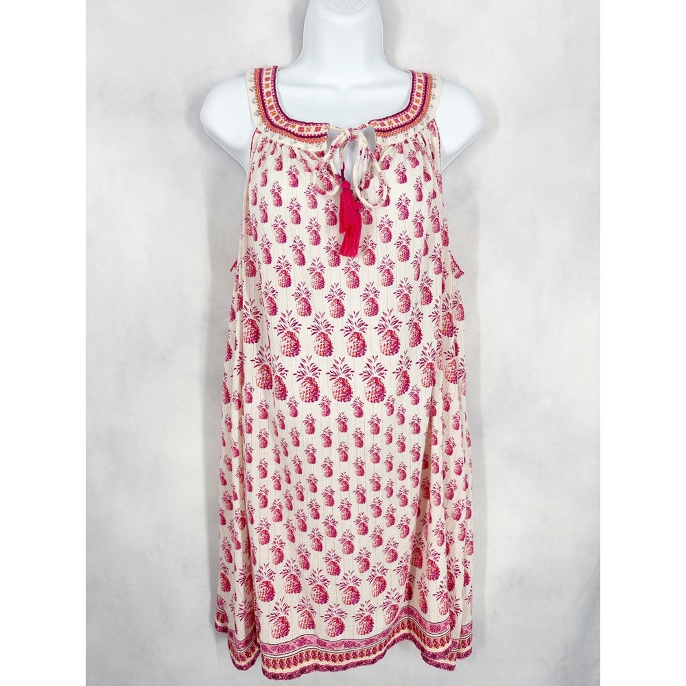 Monsoon Cotton Pineapple Pink Metallic Shift Dress Womens Size Large Resortwear